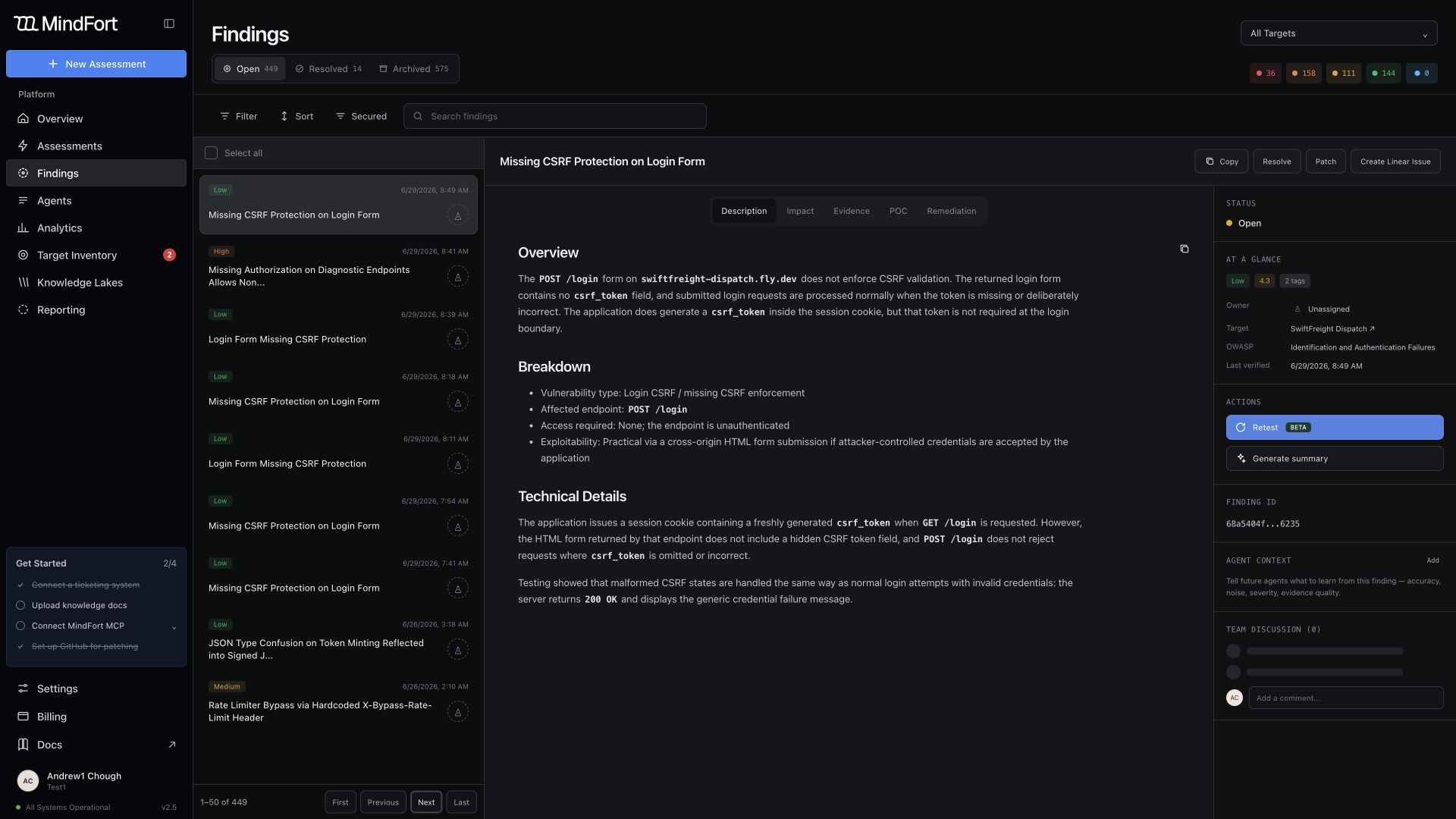 MindFort findings workspace with a finding list, evidence, remediation tabs, severity context, retest, and patch actions